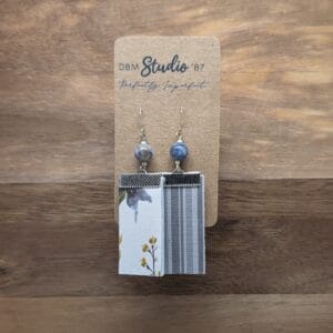 Medium rectangle earrings, front is white with grey and muted florals, back is grey vertical stripes. Stone marbled beads and silver tone. Front and Back are shown